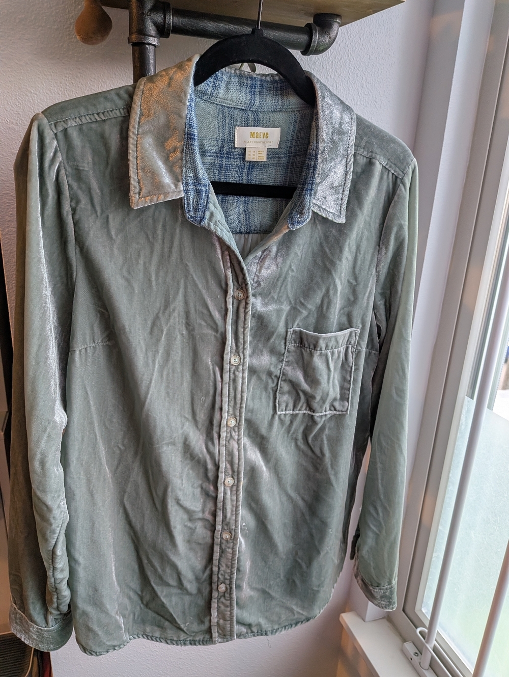 Maeve by Anthropologie Sage Green Velvet Button Down Shirt Plaid Trim Size 10
